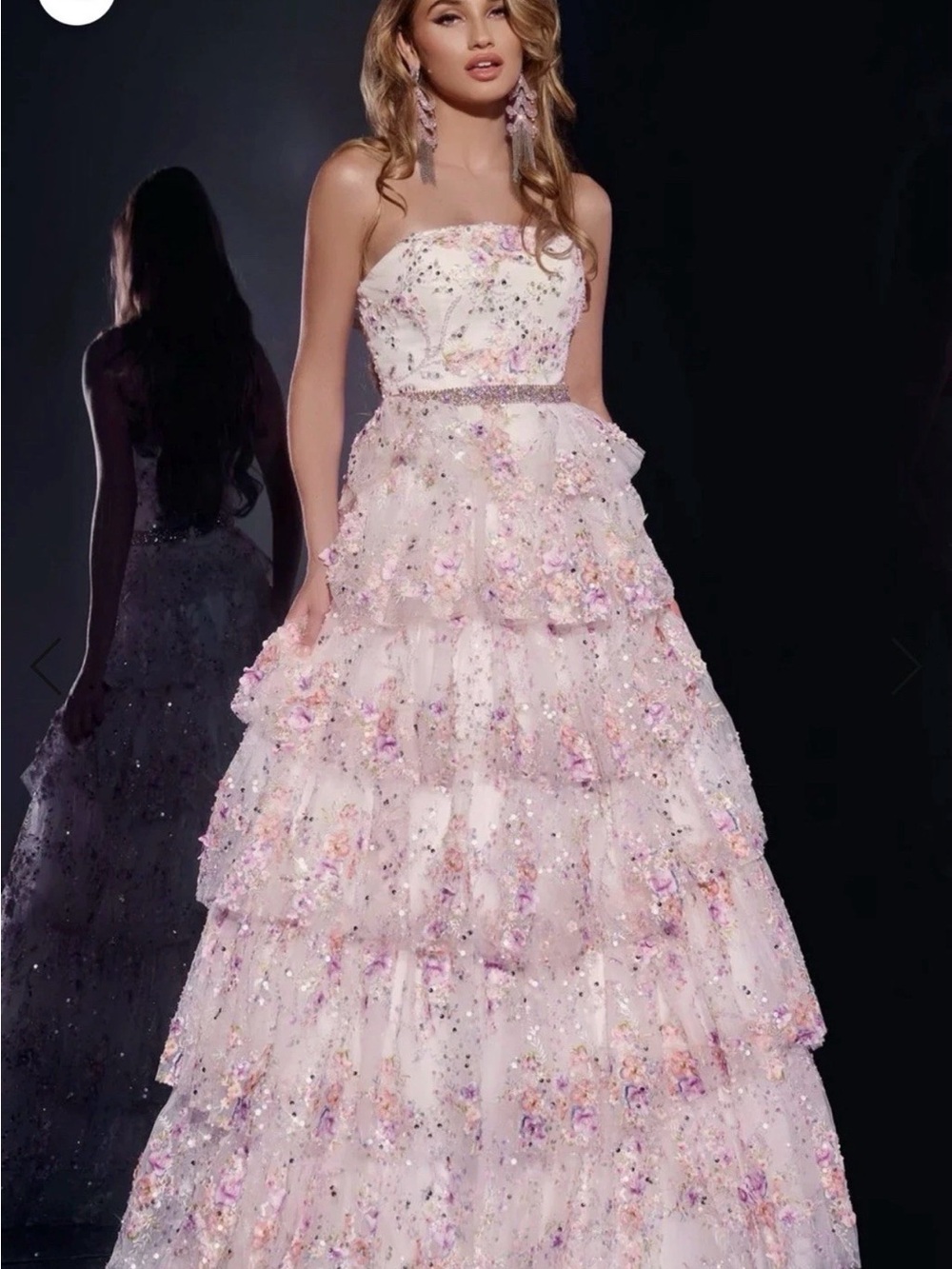 Jovani Strapless Pink Floral Appliqué Tulle Gown